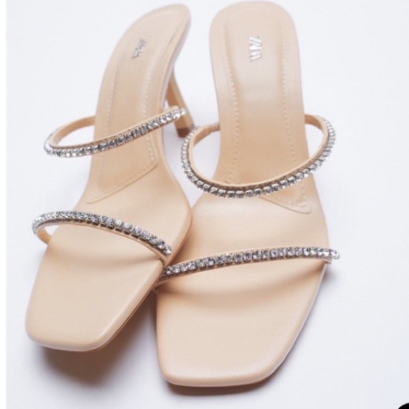 Zara Sparkly Strap Heeled Sandals Beige